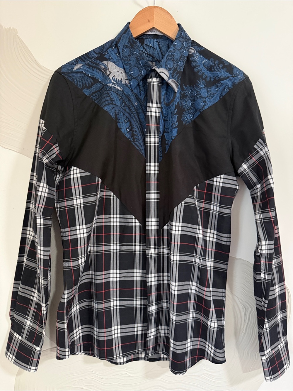 Givenchy Paris Men’s Patchwork Paisley Plaid Button-Up Shirt Size 39